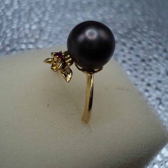 Tahitian Black Pearl 10mm red ruby accent YG over sterling silver ring 7 POS193 - Picture 5 of 5